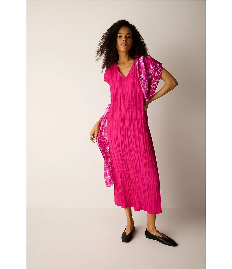 Eileen Fisher Crushed Silk V-Neck Cap Sleeve Dress