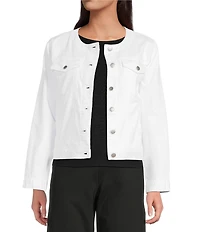 Eileen Fisher Denim Round Neck Long Sleeve Patch Pocket Jacket