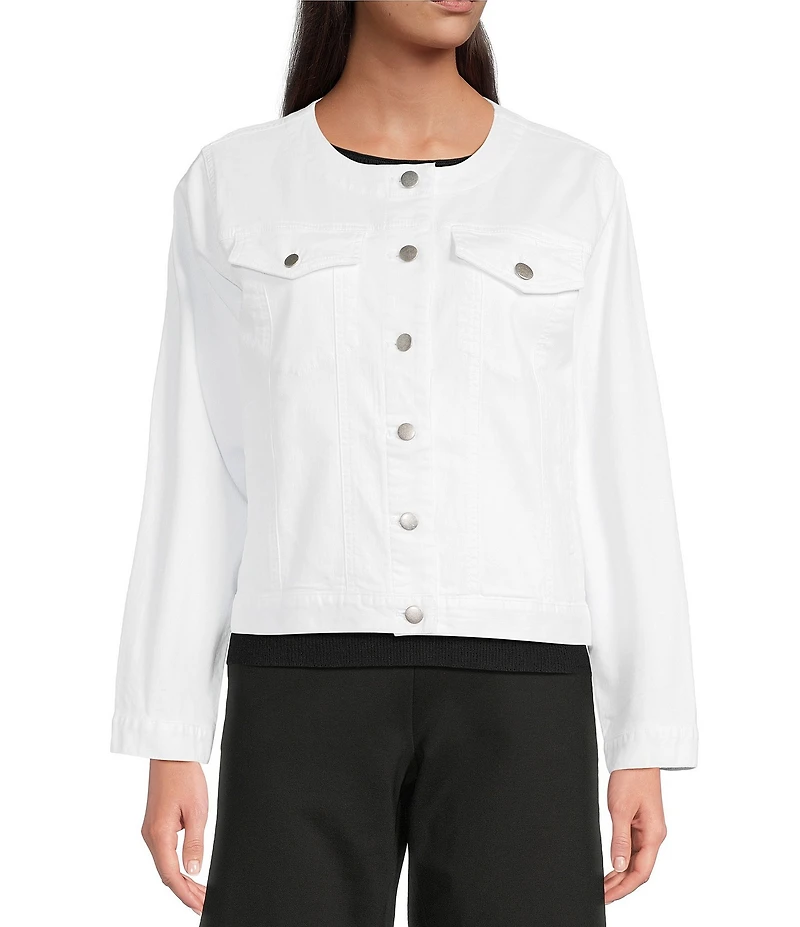 Eileen Fisher Denim Round Neck Long Sleeve Patch Pocket Jacket