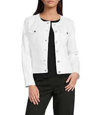 Eileen Fisher Organic Cotton Blend Denim Round Neck Long Sleeve Patch Pocket Jacket