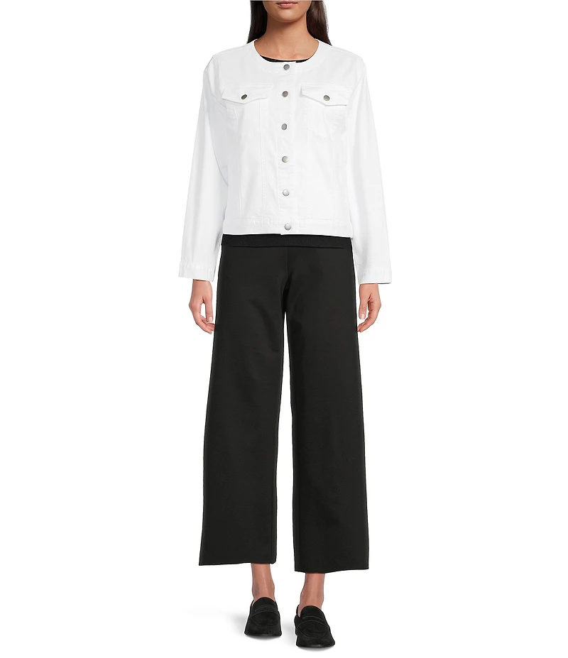 Eileen Fisher Organic Cotton Blend Denim Round Neck Long Sleeve Patch Pocket Jacket