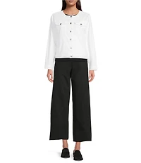 Eileen Fisher Organic Cotton Blend Denim Round Neck Long Sleeve Patch Pocket Jacket