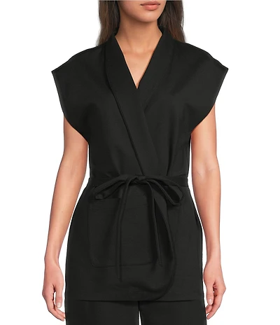 Eileen Fisher Double Knit Ponte High Neck Cap Sleeve Tie Waist Vest