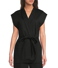 Eileen Fisher Double Knit Ponte High Neck Cap Sleeve Tie Waist Vest