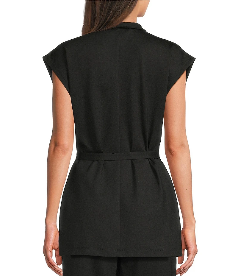 Eileen Fisher Double Knit Ponte High Neck Cap Sleeve Tie Waist Vest