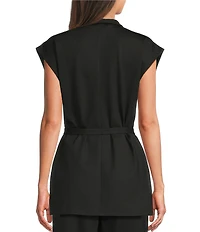Eileen Fisher Double Knit Ponte High Neck Cap Sleeve Tie Waist Vest