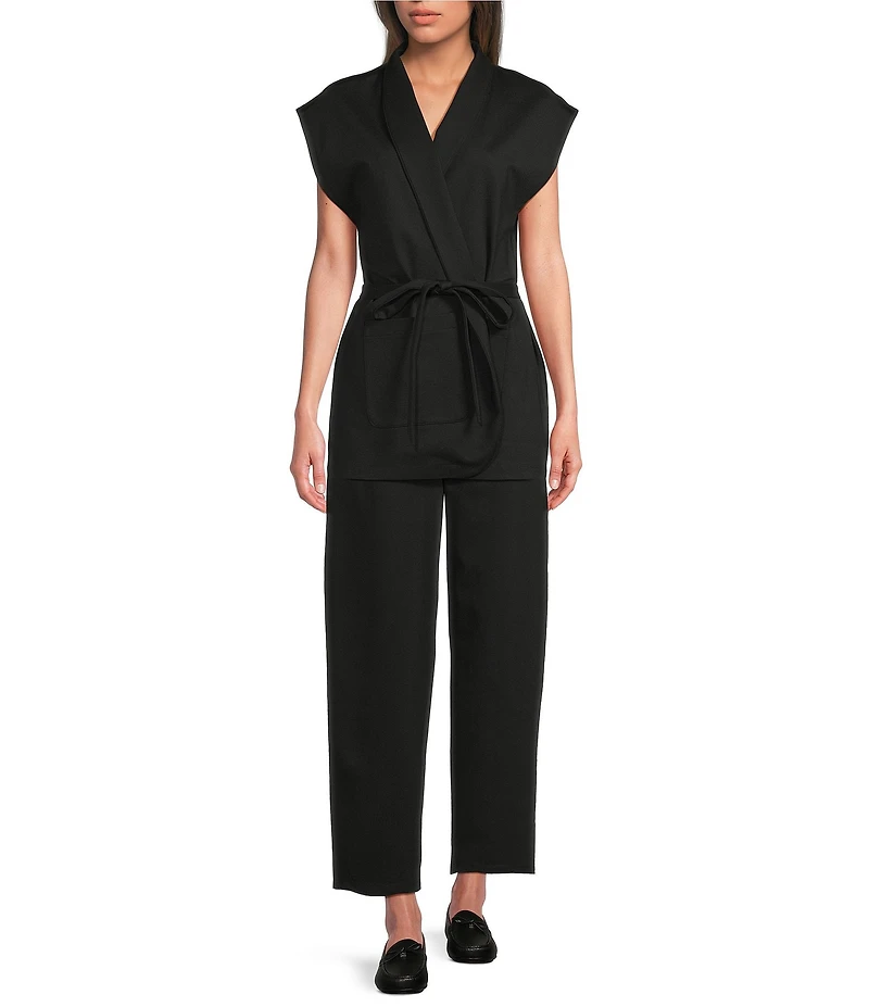 Eileen Fisher Double Knit Ponte High Neck Cap Sleeve Tie Waist Vest