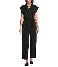 Eileen Fisher Double Knit Ponte High Neck Cap Sleeve Tie Waist Vest