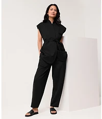 Eileen Fisher Double Knit Ponte High Neck Cap Sleeve Tie Waist Vest