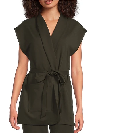 Eileen Fisher Double Knit Ponte High Neck Cap Sleeve Tie Waist Vest