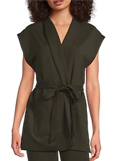 Eileen Fisher Double Knit Ponte High Neck Cap Sleeve Tie Waist Vest