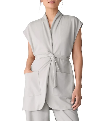 Eileen Fisher Double Knit Ponte High Neck Cap Sleeve Tie Waist Vest