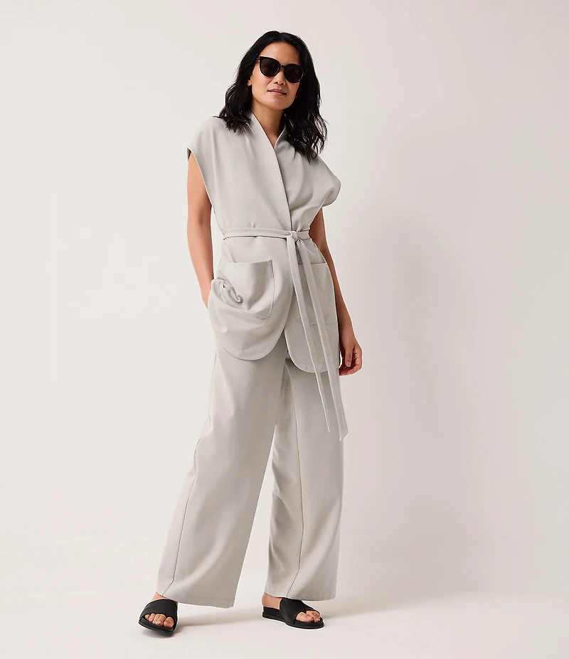 Eileen Fisher Double Knit Ponte High Neck Cap Sleeve Tie Waist Vest