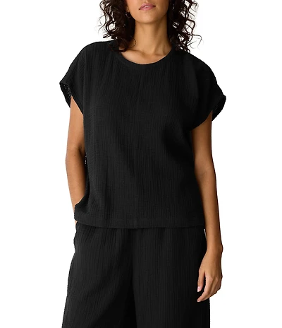 Eileen Fisher Double Weave Gauze Round Neck Cap Sleeve Boxy Top