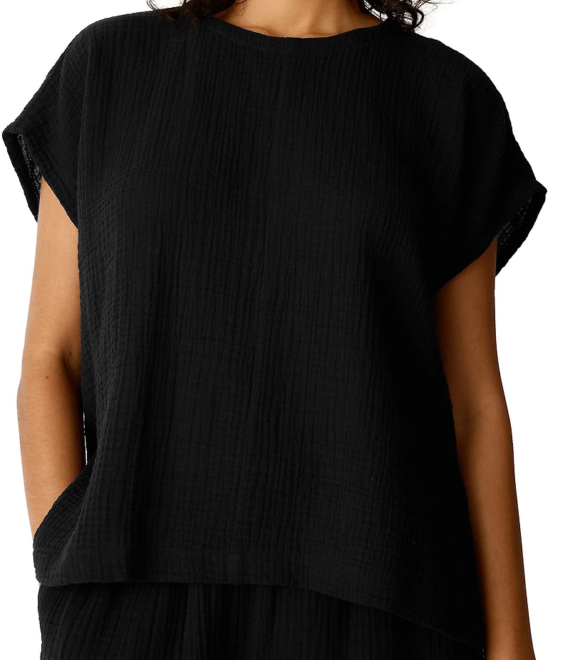 Eileen Fisher Double Weave Gauze Round Neck Cap Sleeve Boxy Top