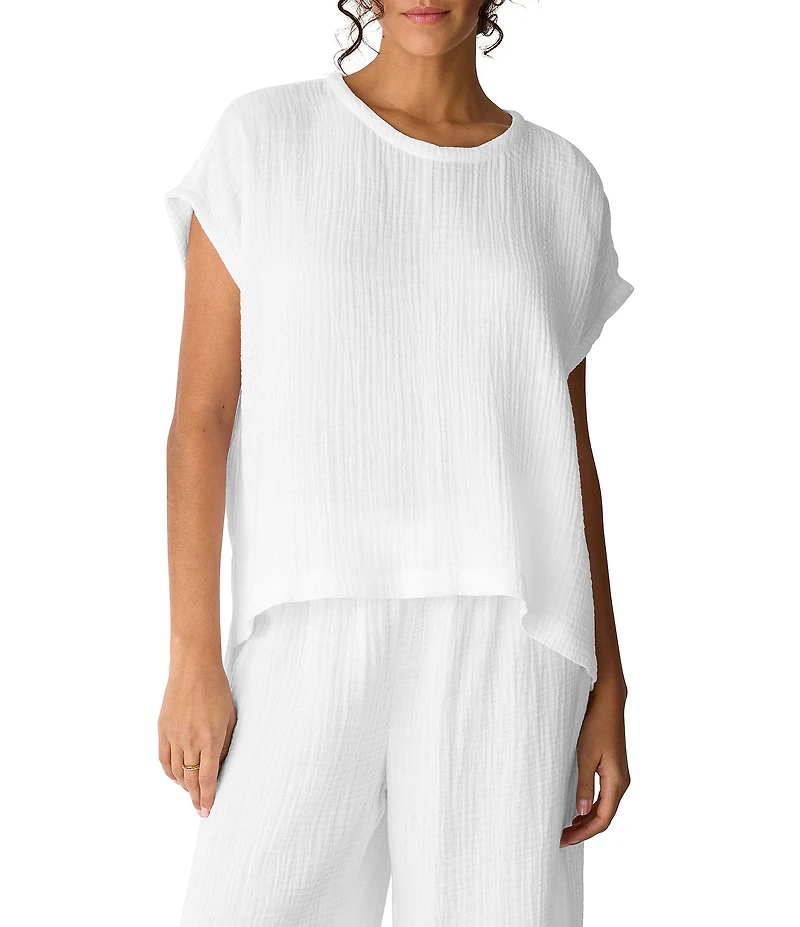 Eileen Fisher Double Weave Gauze Round Neck Cap Sleeve Boxy Top