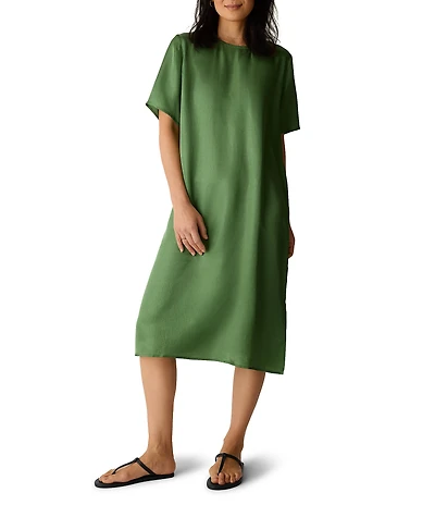 Eileen Fisher Drapey Satin Round Neck Short Sleeve Dress