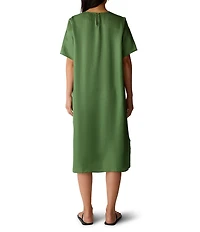 Eileen Fisher Drapey Satin Round Neck Short Sleeve Dress