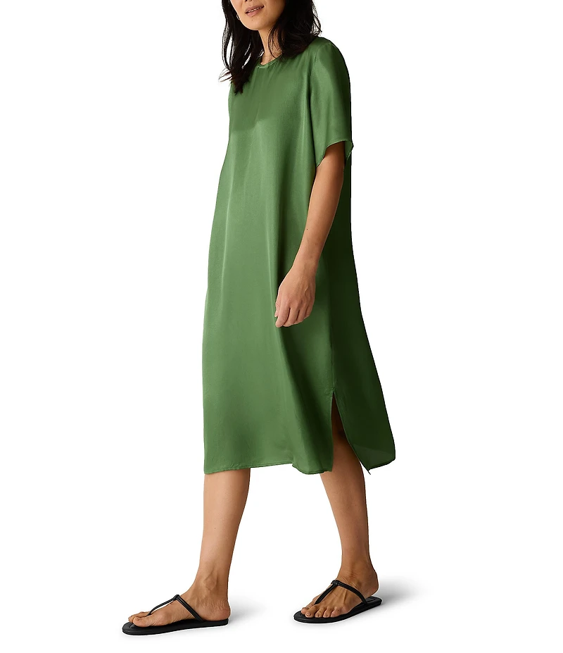Eileen Fisher Drapey Satin Round Neck Short Sleeve Dress