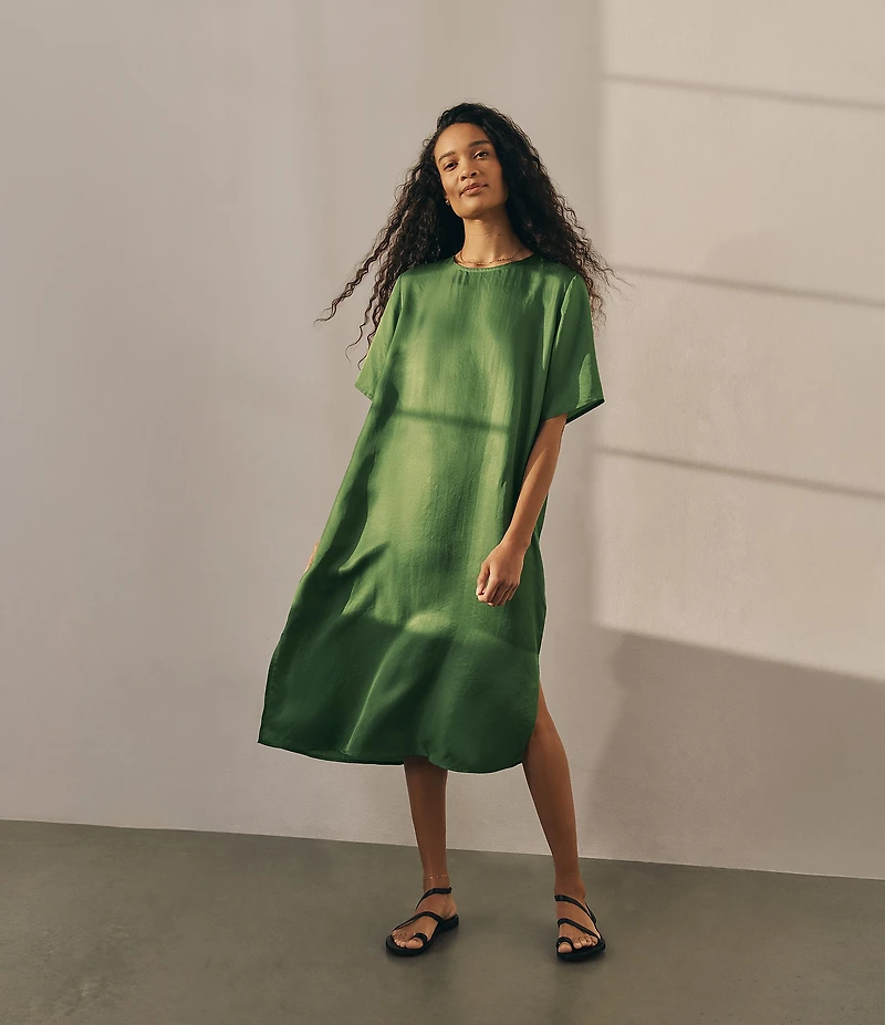 Eileen Fisher Drapey Satin Round Neck Short Sleeve Dress