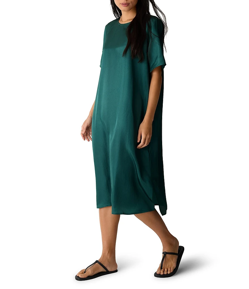 Eileen Fisher Drapey Satin Round Neck Short Sleeve Dress