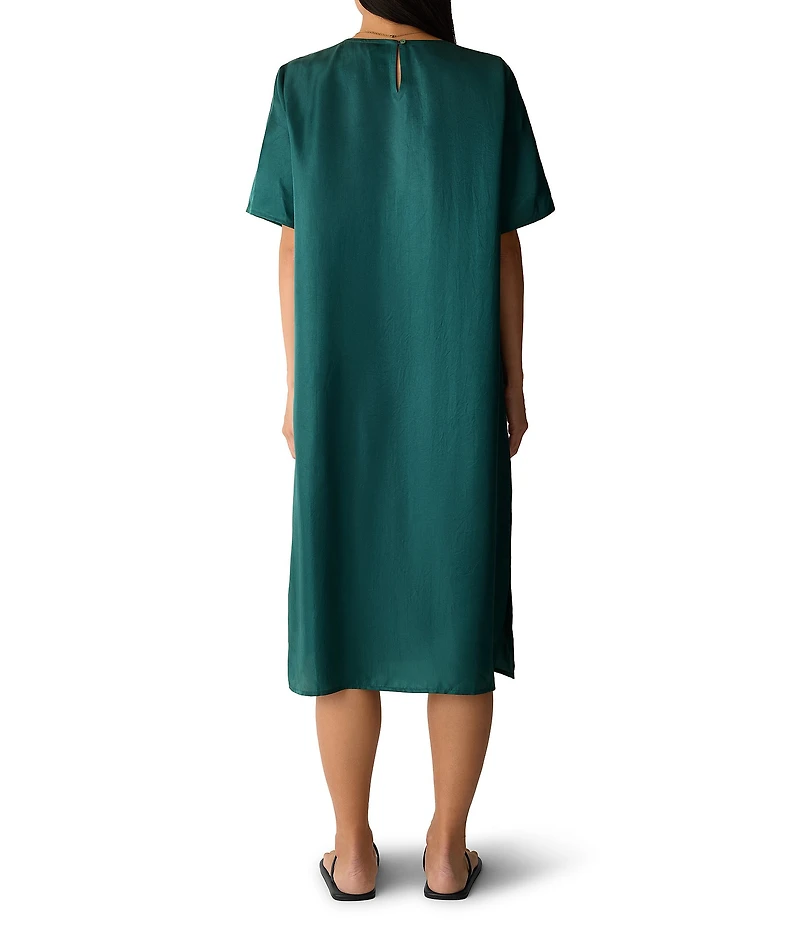 Eileen Fisher Drapey Satin Round Neck Short Sleeve Dress