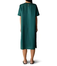 Eileen Fisher Drapey Satin Round Neck Short Sleeve Dress