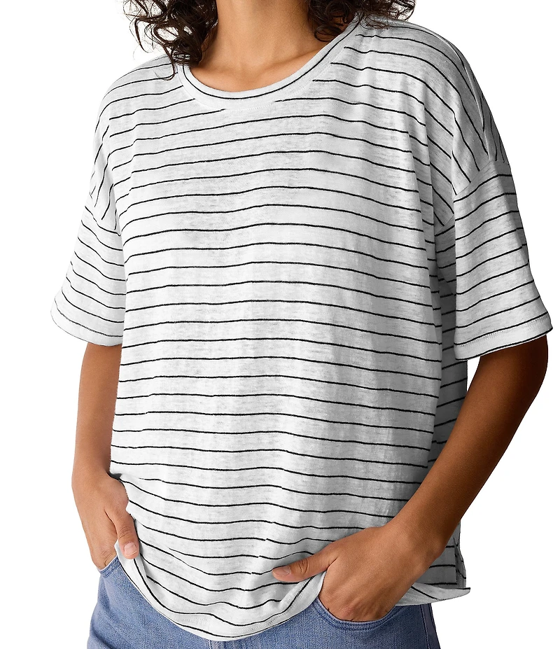 Eileen Fisher Organic Linen Stripe Knit Short Sleeve Boxy Top