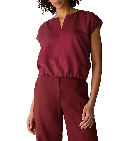 Eileen Fisher Drapey Shimmer Satin Split V-Neck Cap Sleeve Cinched Hem Top