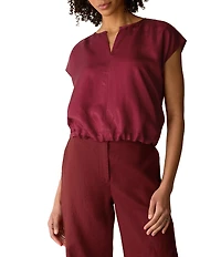 Eileen Fisher Drapey Shimmer Satin Split V-Neck Cap Sleeve Cinched Hem Top