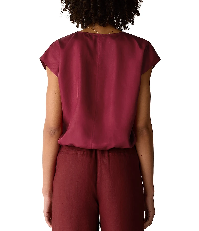 Eileen Fisher Drapey Shimmer Satin Split V-Neck Cap Sleeve Cinched Hem Top