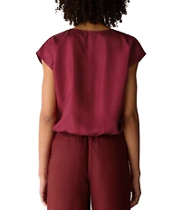 Eileen Fisher Drapey Shimmer Satin Split V-Neck Cap Sleeve Cinched Hem Top