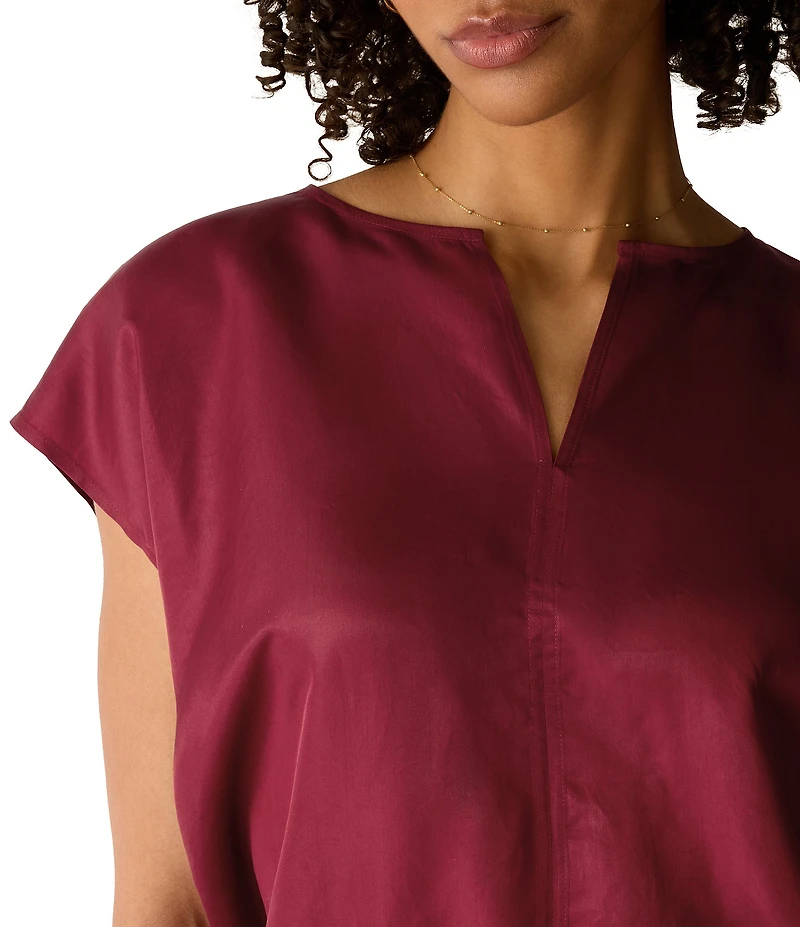 Eileen Fisher Drapey Shimmer Satin Split V-Neck Cap Sleeve Cinched Hem Top