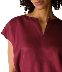 Eileen Fisher Drapey Shimmer Satin Split V-Neck Cap Sleeve Cinched Hem Top