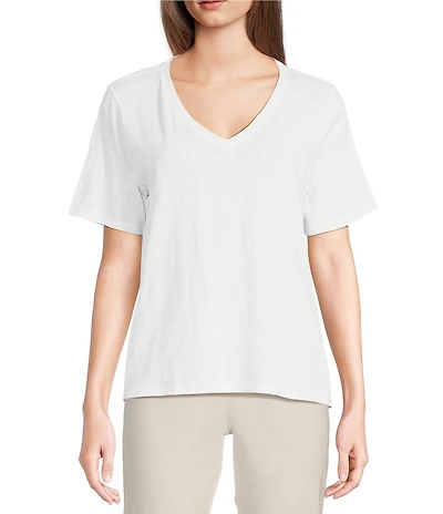 Eileen Fisher Easy Organic Cotton Jersey Knit V-Neck Short Sleeve Tee