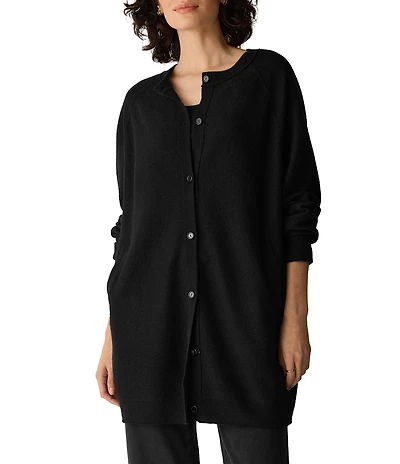 Eileen Fisher Fine Felted Wool Ribbed Crew Neck Long Sleeve Button-Front Cardigan