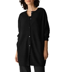 Eileen Fisher Fine Felted Wool Ribbed Crew Neck Long Sleeve Button-Front Cardigan