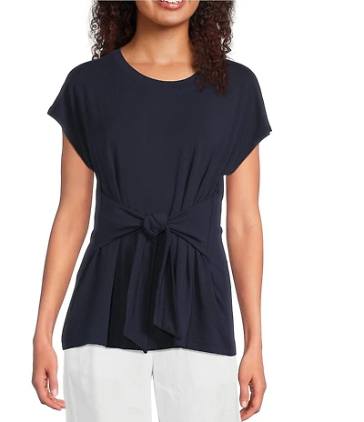 Eileen Fisher Fine Stretch Jersey Knit Round Neck Short Sleeve Tie Front Top