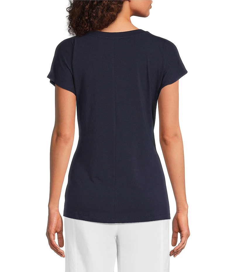 Eileen Fisher Fine Stretch Jersey Knit Round Neck Short Sleeve Tie Front Top