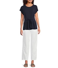 Eileen Fisher Fine Stretch Jersey Knit Round Neck Short Sleeve Tie Front Top