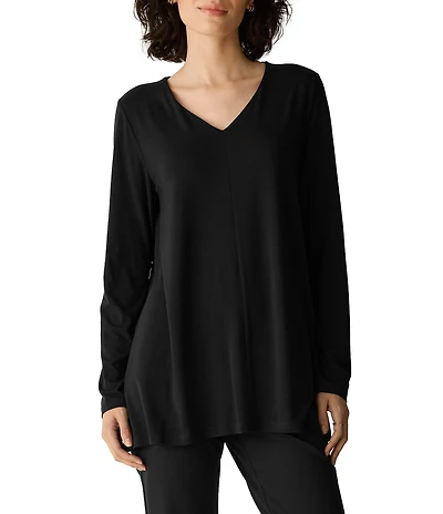 Eileen Fisher Fine Stretch Jersey Knit V-Neck Long Sleeve Tunic