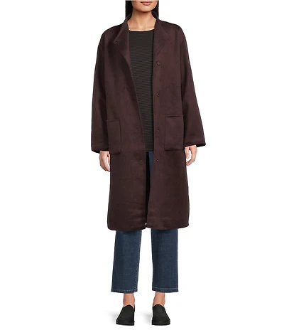 Eileen Fisher Fluid Wool High Collar Long Sleeve Tie Waist Coat