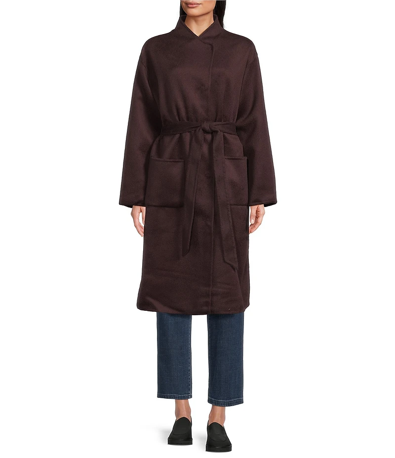 Eileen Fisher Fluid Wool High Collar Long Sleeve Tie Waist Coat