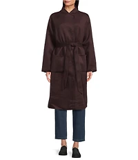 Eileen Fisher Fluid Wool High Collar Long Sleeve Tie Waist Coat