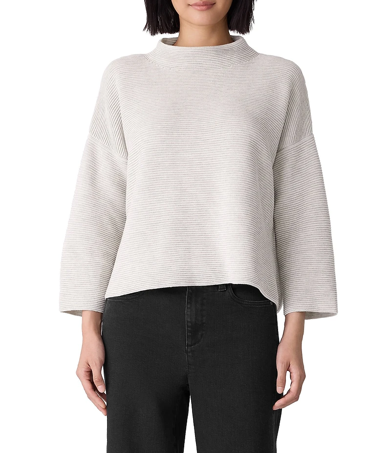 Eileen Fisher Organic Cotton Blend Funnel Neck Bracelet Sleeve Sweater