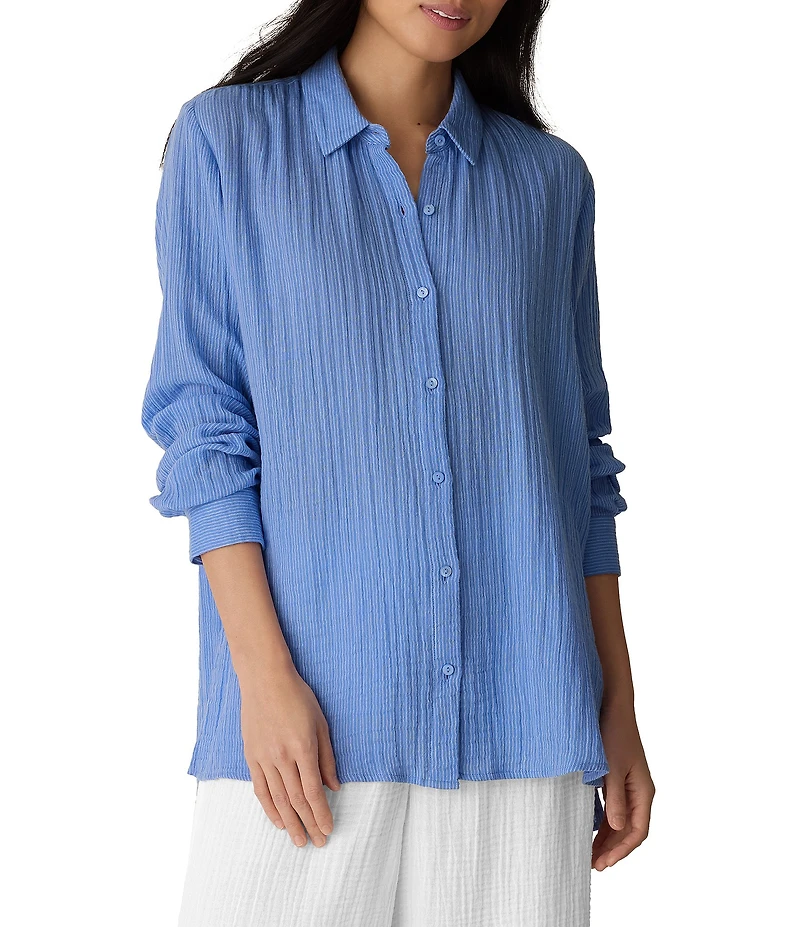 Eileen Fisher Gauzy Double Weave Yarn-Dye Stripe Point Collar Long Sleeve Button-Front Shirt