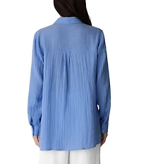 Eileen Fisher Gauzy Double Weave Yarn-Dye Stripe Point Collar Long Sleeve Button-Front Shirt