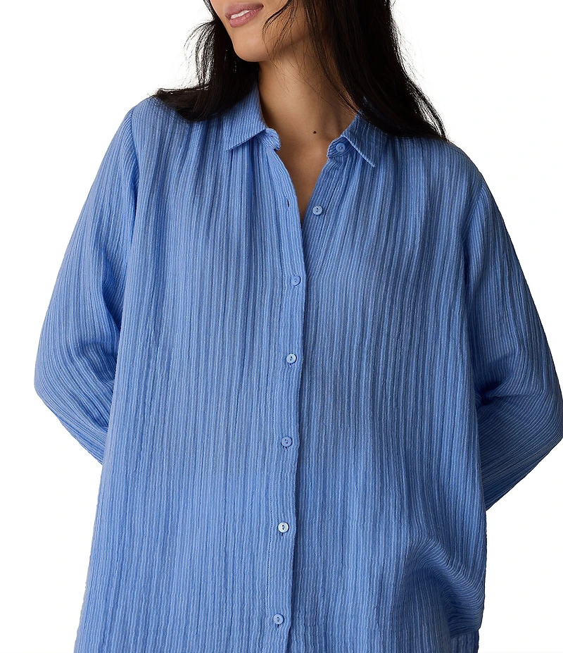 Eileen Fisher Gauzy Double Weave Yarn-Dye Stripe Point Collar Long Sleeve Button-Front Shirt