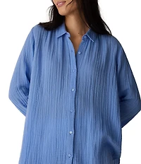Eileen Fisher Gauzy Double Weave Yarn-Dye Stripe Point Collar Long Sleeve Button-Front Shirt