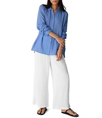 Eileen Fisher Gauzy Double Weave Yarn-Dye Stripe Point Collar Long Sleeve Button-Front Shirt